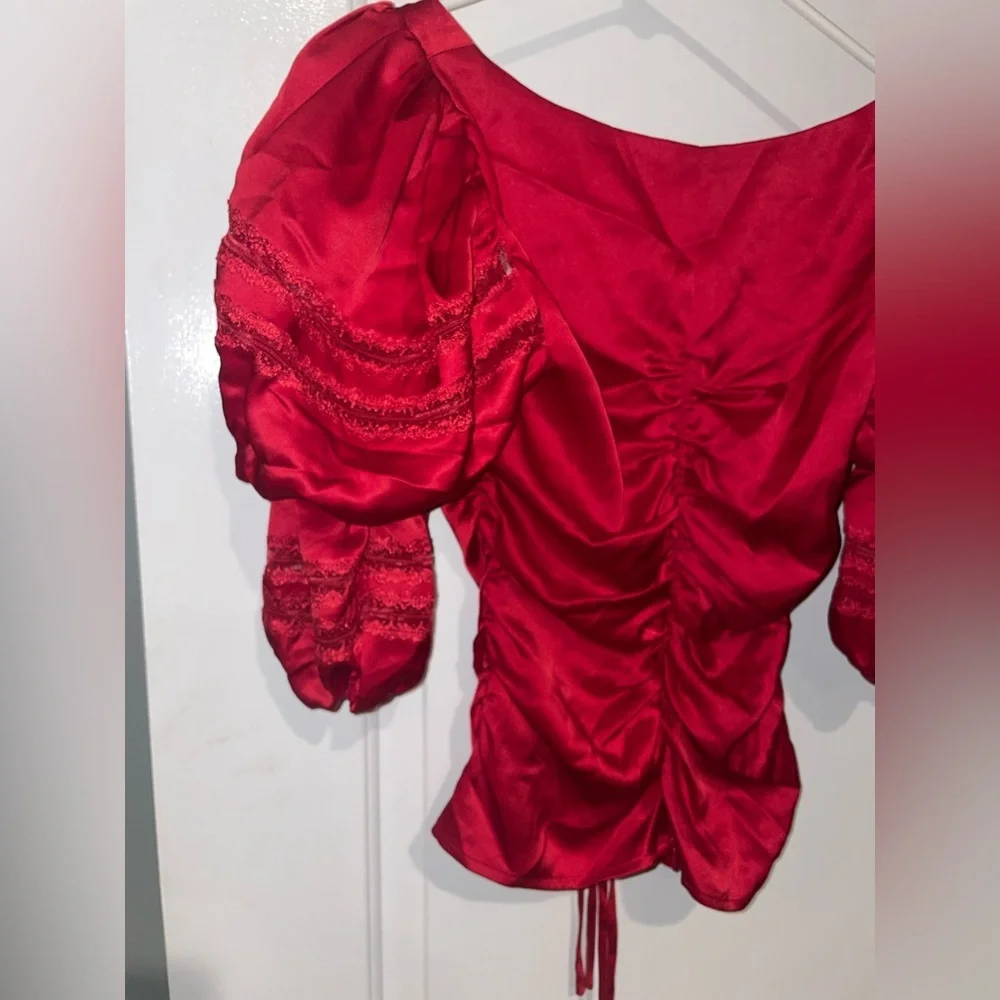 New! Reformation The Collection Winchester Puff Sleeve Blouse in Cherry Red 🍒 4